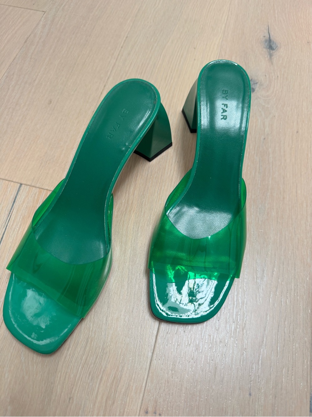 BY FAR Green Lucite Square Toe Block Heel Mules